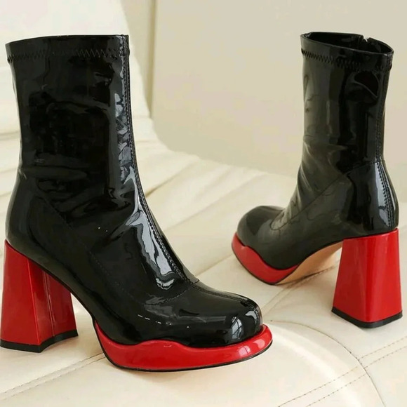 Boots Platform Chunky Block Heel Boots Prom Square Toe Side Zipper Mid Calf Boot - Picture 2 of 6